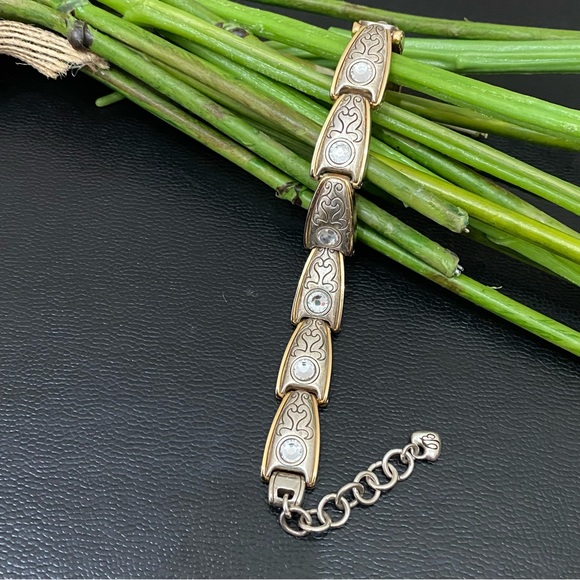 Retired Vintage BRIGHTON 2-tone Gold & Silver Rhinestone Ornate Link Bracelet - Picture 1 of 16